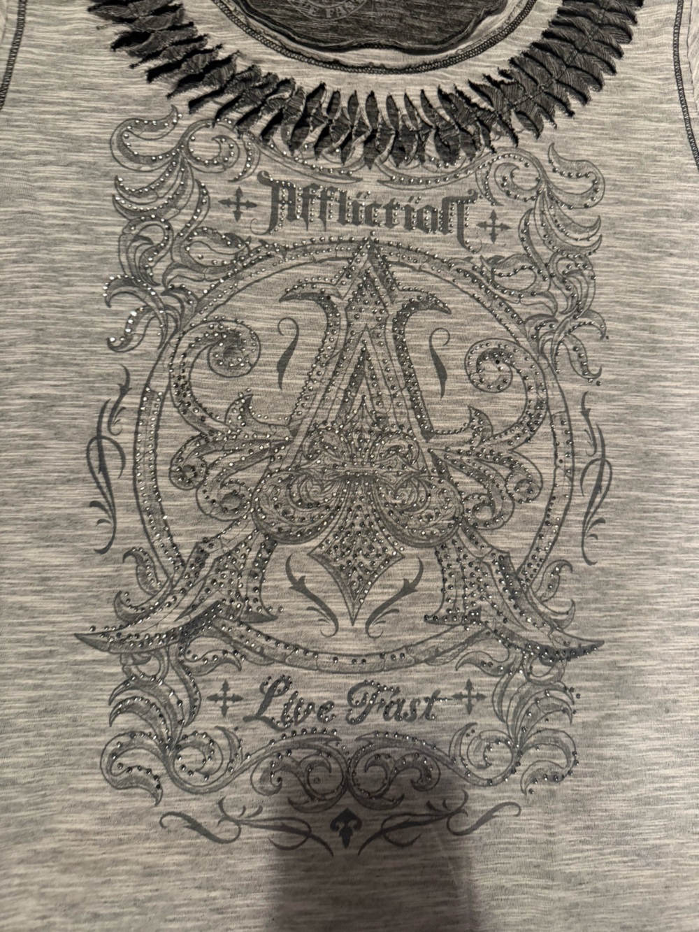 Affliction Heather Gray Graphic Crew Neck Tee with Crest Print - Picture 2 of 4
